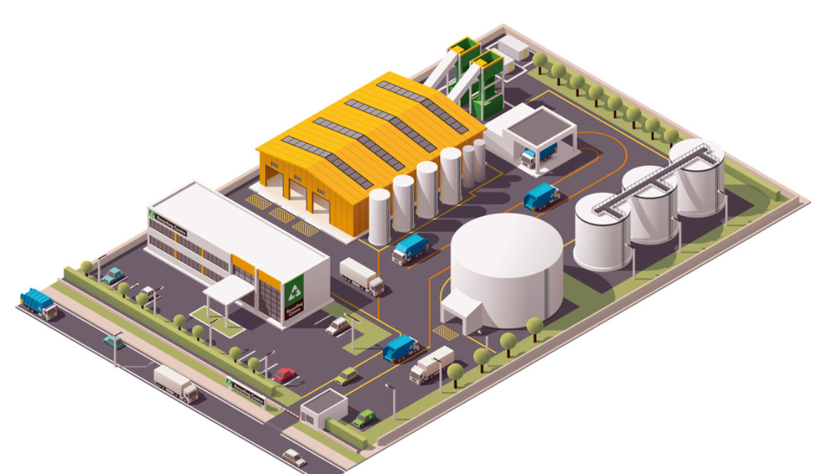 Isometric icon set representing garbage recycling plant